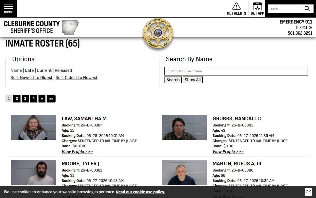 Cleburne County current inmate roster search with booking photos and bond fields