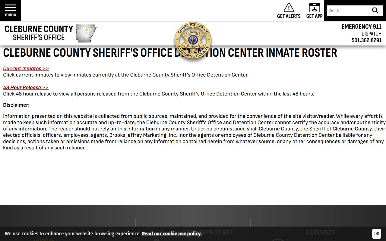 Cleburne County jail mugshots roster entry page with current inmates and 48-hour release options